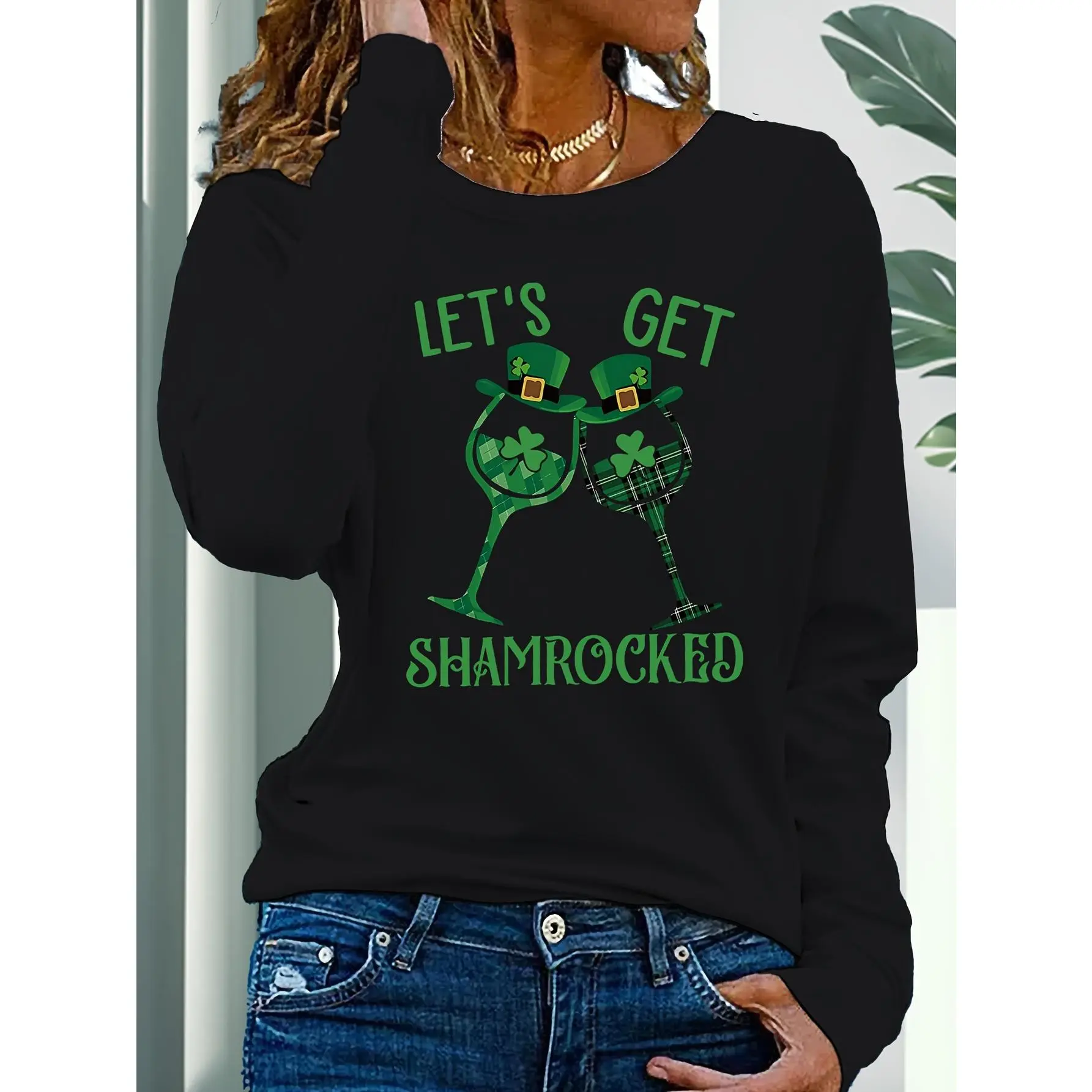 Royal Blue Long Sleeve T-Shirt for Women, Casual Round Neck St. Patrick's Day Top with Shamrock and Wine Glass Graphic, Medium Stretch, Tshirt, Lady, Geometric, Streetwear
