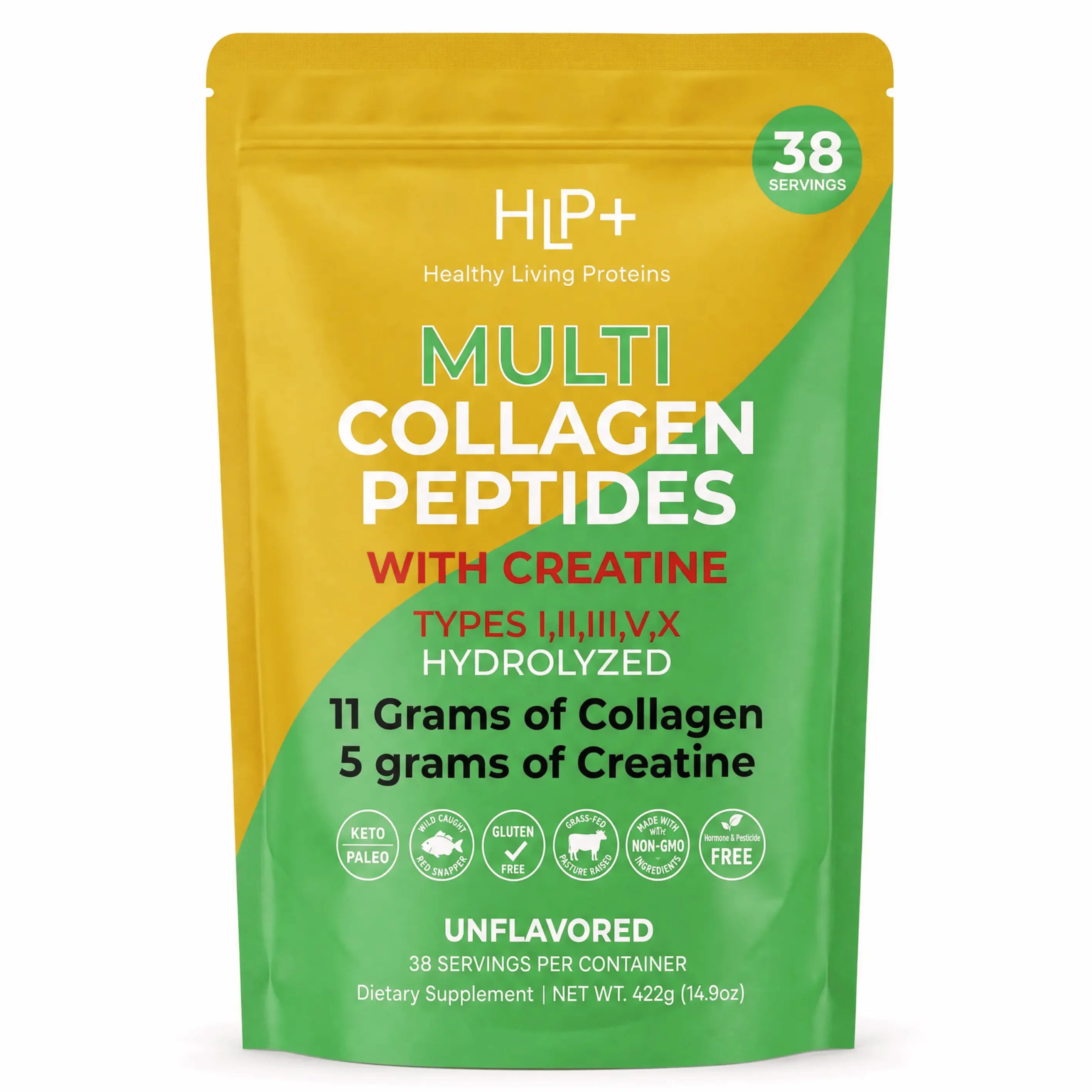 Multi Collagen Peptides + Creatine Monohydrate Dietary Supplement Powder - Hydrolyzed Protein (Types I,II,III,V,X), 5g Creatine, Unflavored, Non-GMO, Keto - Fitness Protein Collagen Supplements for Muscle Recovery, Joint Support, Sugar Free, Gluten Free,