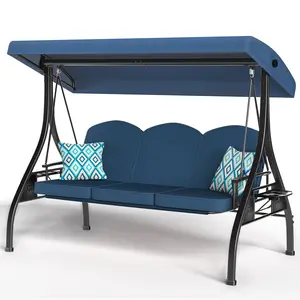 【Summervibes】3-Seat Outdoor Canopy Porch Swing with Stand, Patio Swing with Canopy, 2 in 1 Porch Swing Bed & Patio Swing Chair for Adult, Yard Swing Extra 2 Piece Free Pillows and Cup Holder