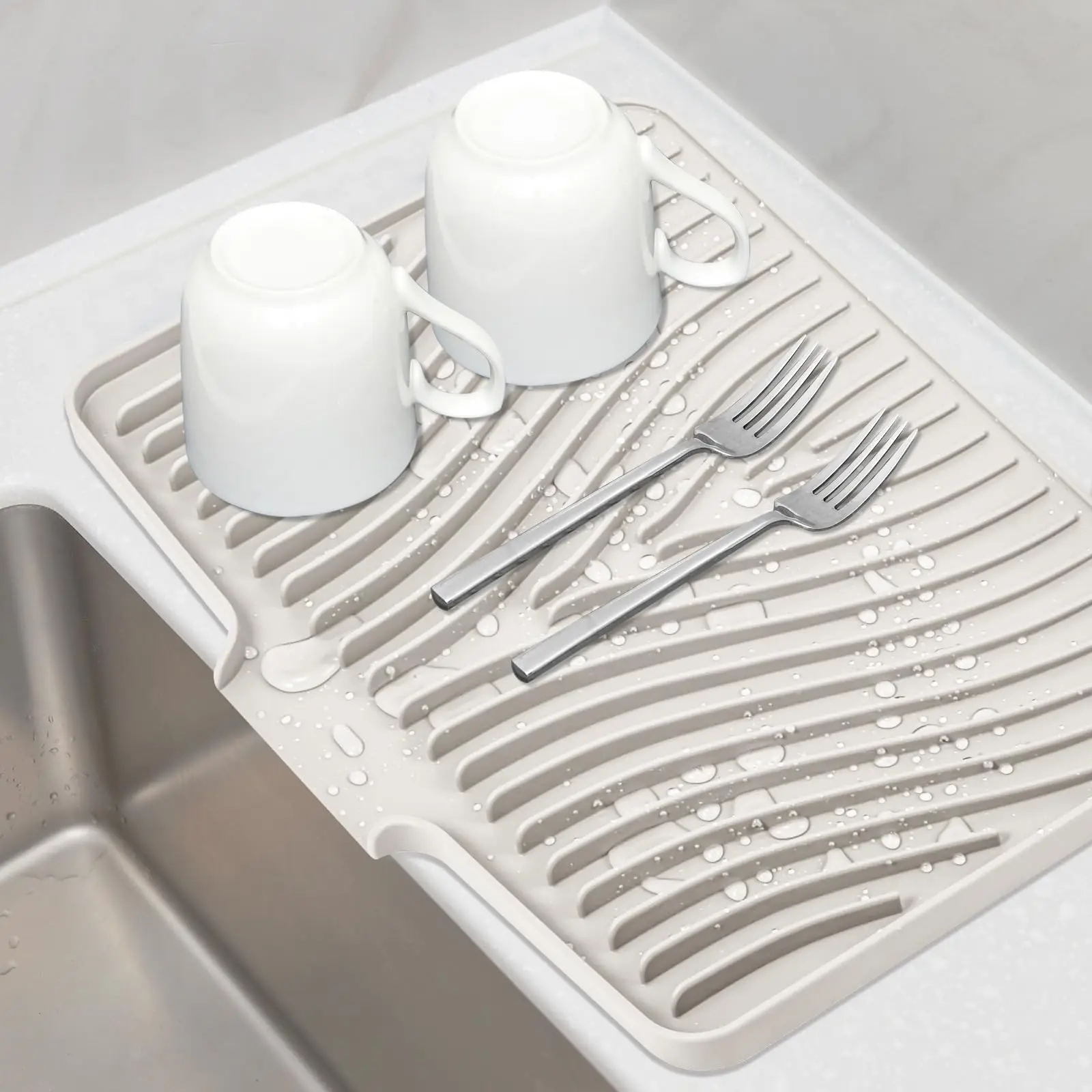Durable Silicone Cup Drying Mat - 16"x12" Waterproof Countertop Mat, Non-Slip Heat-Resistant Kitchen Placemat with Built-In Quick Water Drainage for Tableware Racks