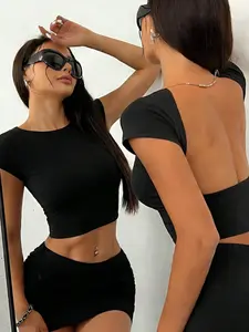 Women's Round Neck Backless Slim Fit Top, Soft Comfortable Fabric, Trendy Street Style, Athletic Fashion Activewear, Perfect for Everyday Casual or Workout