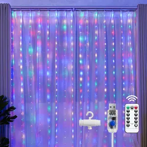 Brightown 300 LED Fairy Curtain Lights, 9.8ft x 9.8ft Multicolor Curtain String Lights, USB Plug in 8 Lighting Modes Christmas String Hanging Lights with Remote for Bedroom Indoor Outdoor Party Xmas holiday decor gift patio path mode dimmable timer