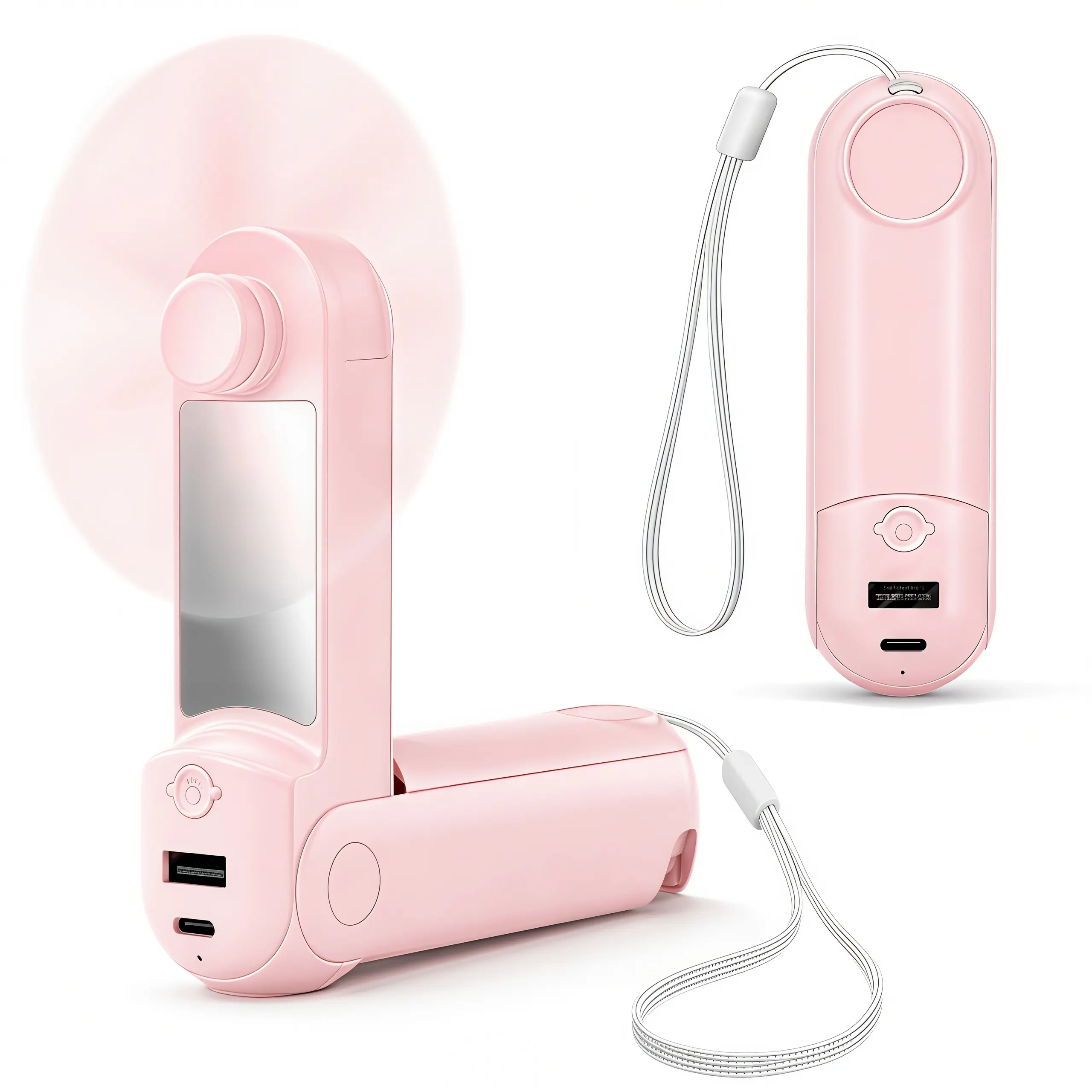 LMMAKE 1PC 5 IN 1 Portable Handheld Fan Multifunctional USB Rechargeable Foldable Cooling Fan with Power Bank Flashlight Makeup Mirror 3 Adjustable Speed Levels Travel Outdoor Office Home Use Essential Multitool Fan