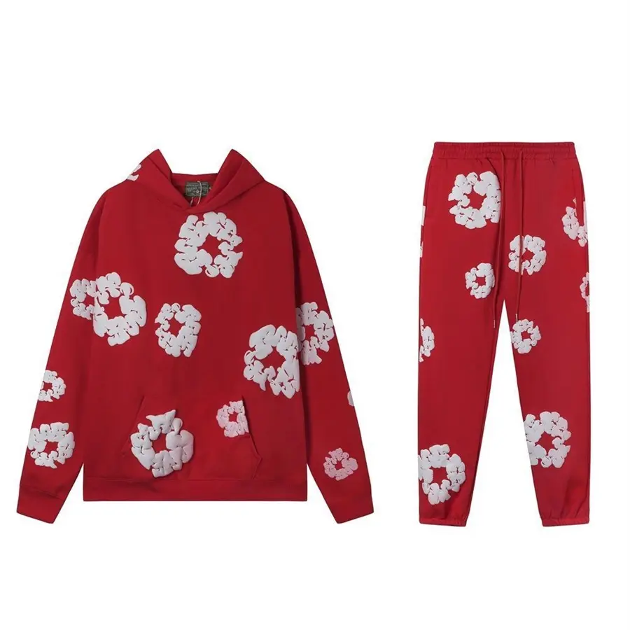 Red Puff Print Tracksuit | Unisex Denim Tears Inspired Hoodie & Jogger Set | Y2K Hip Hop Streetwear Essential