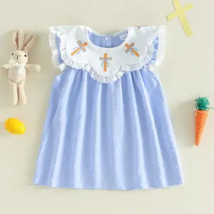 Toddler Baby Little Girls Easter Dress Clothes Cross Embroidered Lace Trim Doll Collar Fly Sleeve Casual Princess Dress 6M-4Y