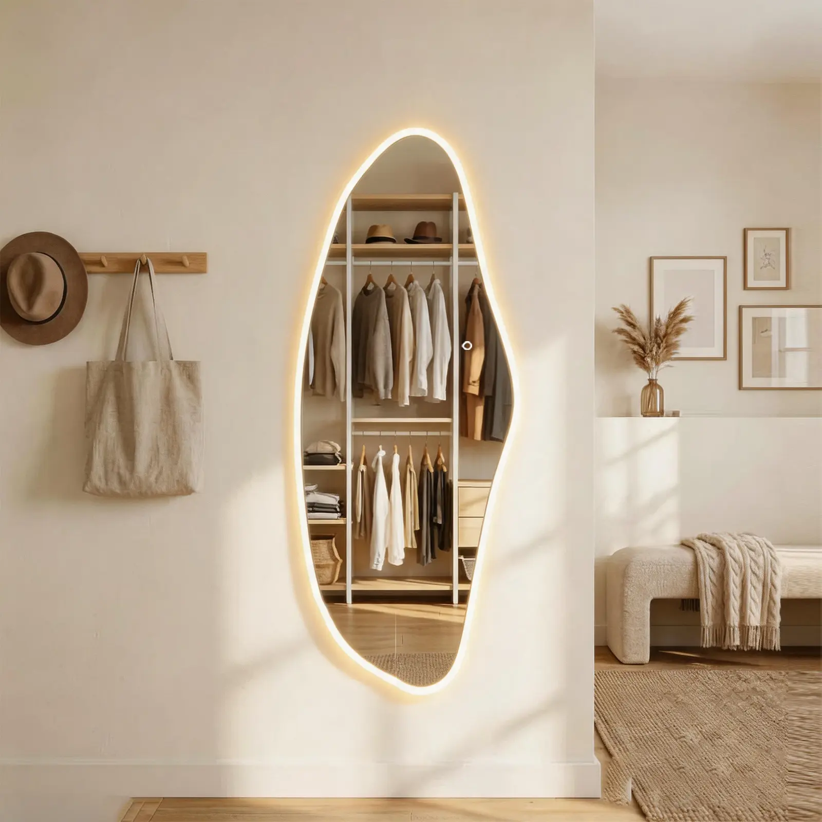 65"x25" Asymmetrical LED Full Length Mirror, Irregular Shape Tempered Glass Full Body Mirror with Adjustable 3 Color Lighting, Wall Mounted Decorative Dressing Mirror for Bedroom, Walk-In Closet, Entryway and Modern Home Deco