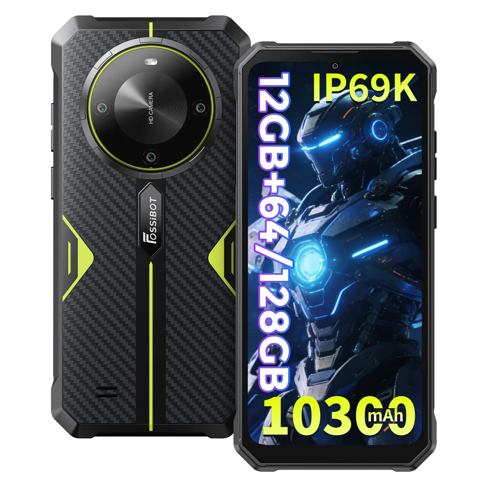 FOSSIBOT F105 Rugged Smartphone Unlocked,12+64GB/128GB Cellphone,10000+mAh Battery,20MP+8MP Waterproof Phones, 6.745” HD Display Display,IP68/IP69K/Dual Sim/2026 Black