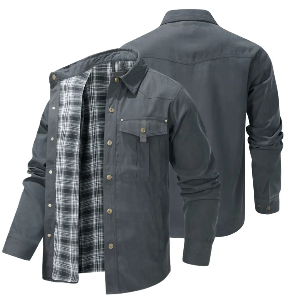 Men's Solid Color Shirt Collar Multi-Pocket Workwear Buttoned Jacket with Plaid Lining Flap Pockets & Sleeve Buttons Casual Vintage Style Coat