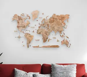 212 MAIN Artistic Dimensional Brown Horizontal Birch Plywood World Map Wall Hanging Sculpture - 35x59 in., Home Decor, Hanging Art for Room, Lounge