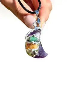 Abundance & Prosperity Moon Amulet Pendant with Black Satin Cord, Amethyst, Emerald, Citrine, Peridot