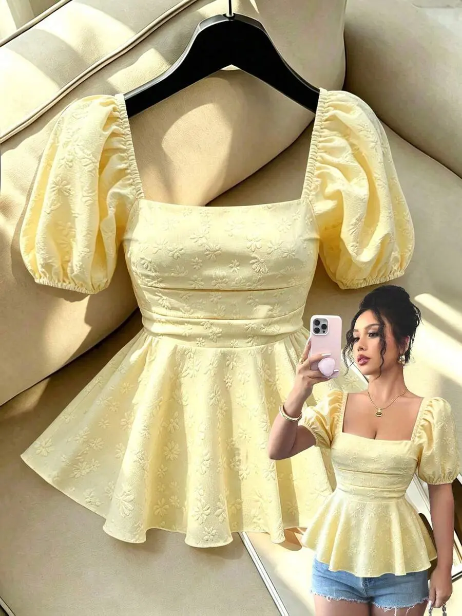 New Women's Square Collar Puff Sleeve Cinched Waist Ruffle Hem Ditsy Ditsy Floral Casual Elegant Blouse