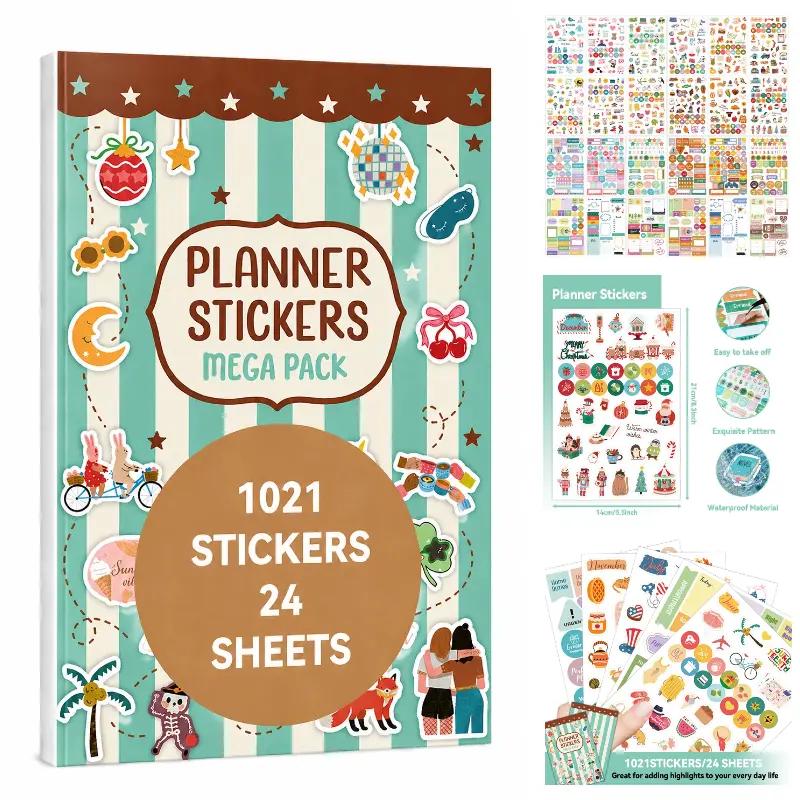 1021 Pcs 24 Sheets Functional Planner Sticker Book (Single/Bundle) - ADHD Friendly Scrapbook Supplies Mega Pack, All-Year Holiday & Daily Routine Calendar Organizer Decals for Adults