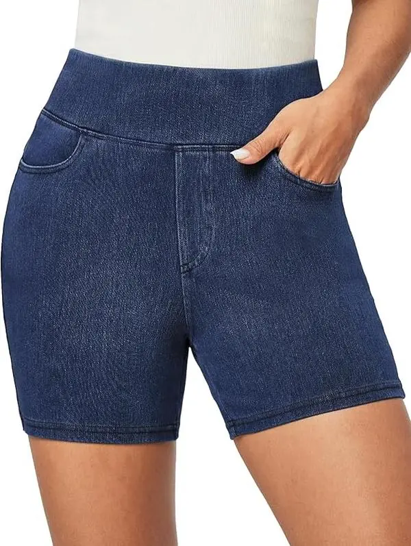 SPANFLEX Stretchy Jean Shorts for Women Pull On High Waisted Tummy Control Jorts with Pockets Denim Shorts Women Summer Casual Shorts Womenswear, Bottom, Lightweight, Streetwear, Basic, Minimalist Dress Indigo Fits Snug – SIZE UP Please