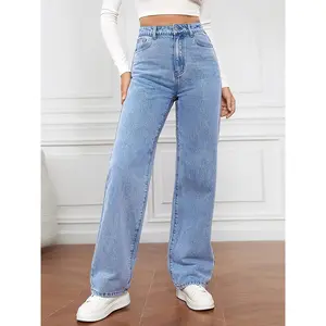 Women'S High-Waisted Washed Denim Jeans - Straight-Cut, Slim-Fit with a Vintage Minimalist Design, Featuring a Unique Distressed End And Durable Fabric, Perfect for Casual And Work Outfits That Slim The Figure And Lift The Hips