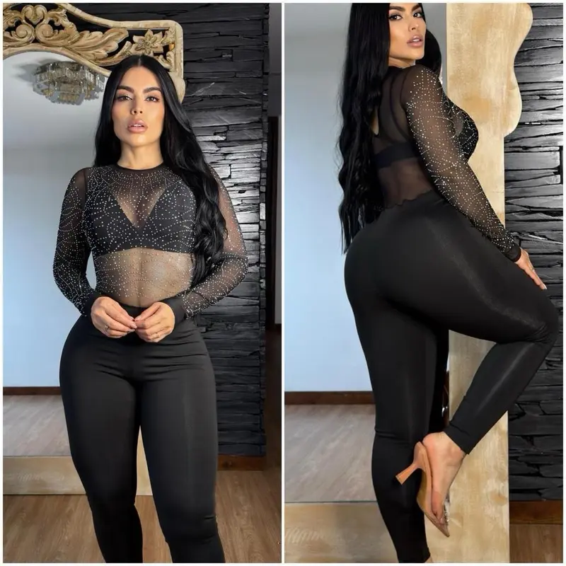 (B4325) Women's Stylish Colombian Suplex Fabric Rhinestone Jumpsuit Set, Includes Matching Top & Overalls, Stretchy, 1 Size Fits S/M/L, Day Wear