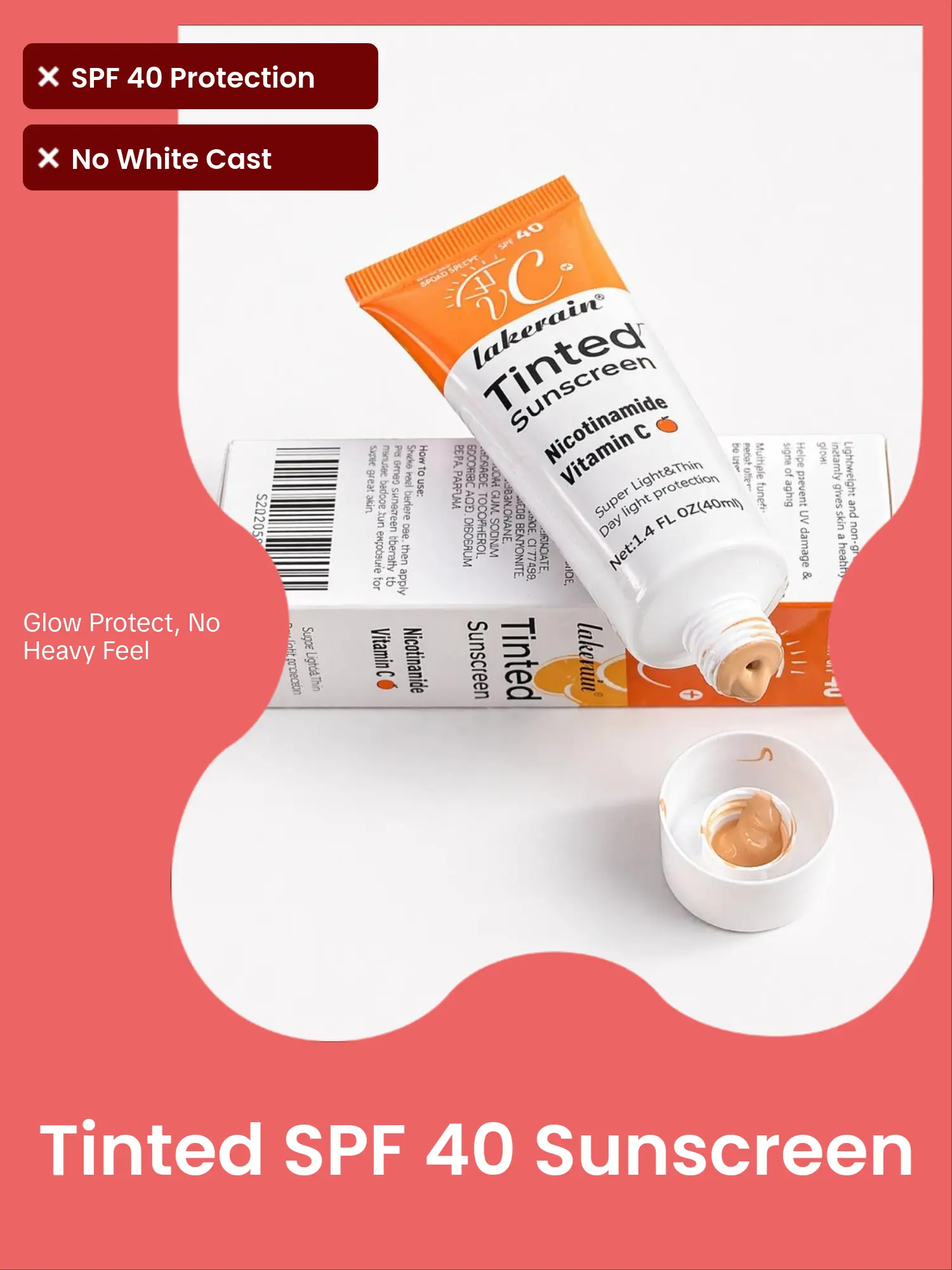 Lakerain Tinted Sunscreen for Face with SPF 40 - UV Protection - Moisturizer & Lightweight Facial Sunscreen with Vitamin C and Vitamin E, for All Skin Type