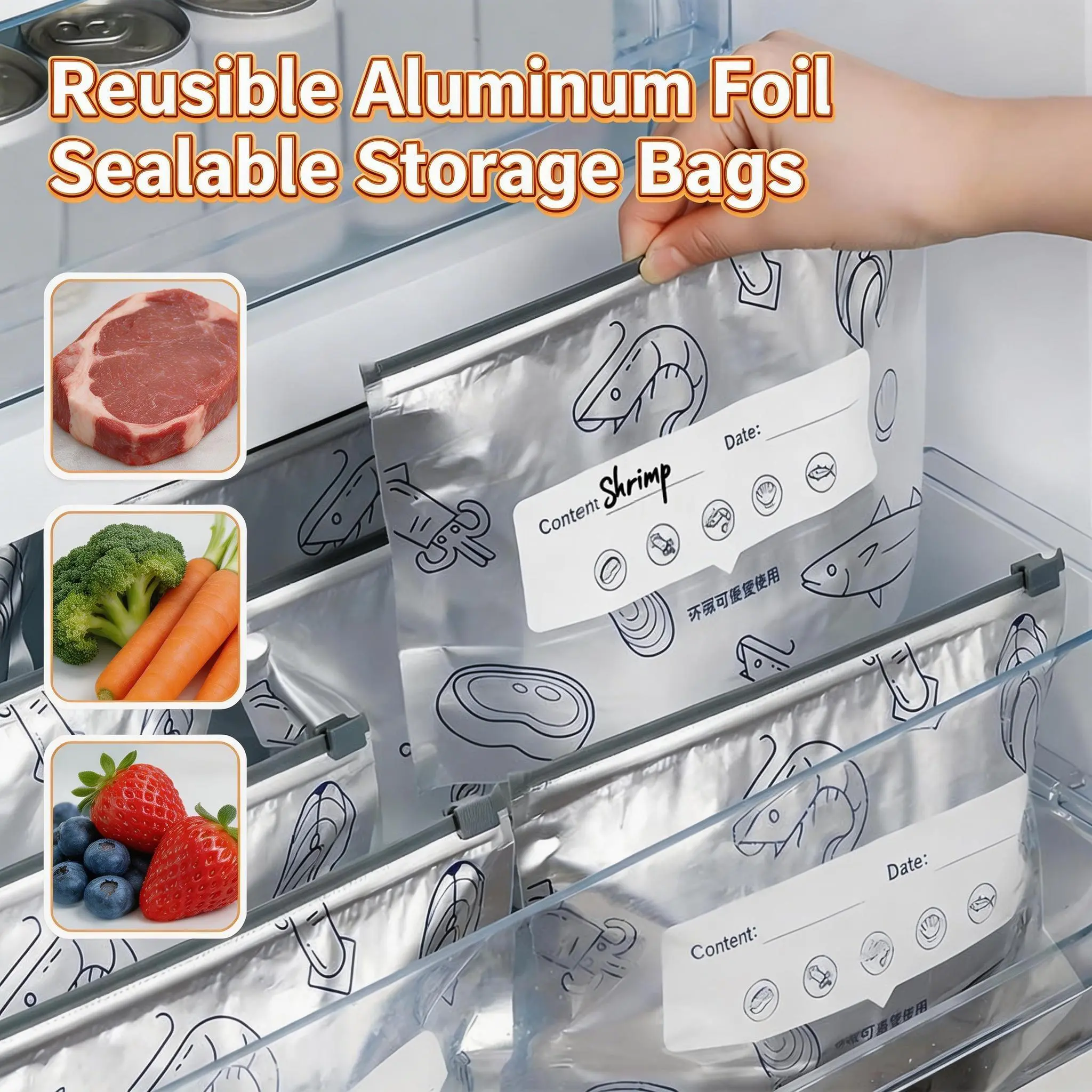 Reusable Thick Aluminum Foil Moisture-Resist Bags - Stand-Up Base, Airtight Zip-Lock Containers with Labels, Tear-Resistant Daily Use for Freezer, Pantry Vegetables & Meat, Kitchen Household Organizers [Beware of Fakes]
