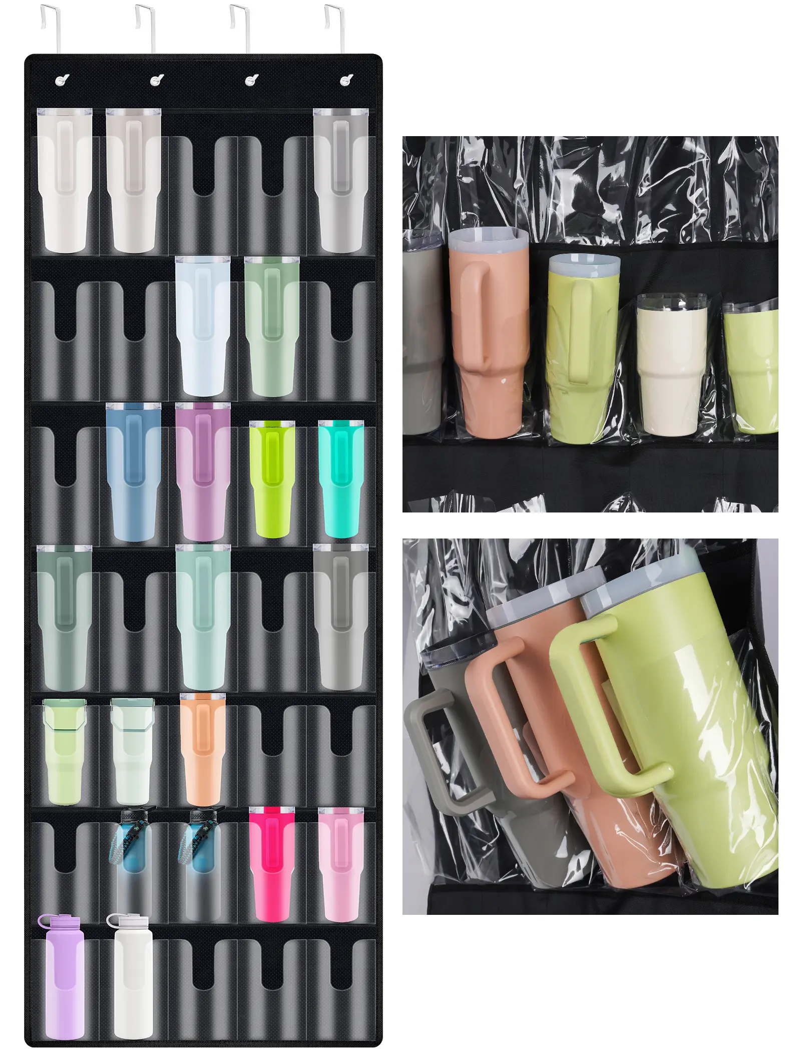 NiHome 35-Pocket Large Capacity Door Cup Organizer Fits for Stanley Tumblers 30oz,40oz, Door Hanging Water Bottle Storage with Double-Sided Tape Stabilizer