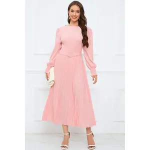 Round Neck Flounce Sleeve Pleated Dress