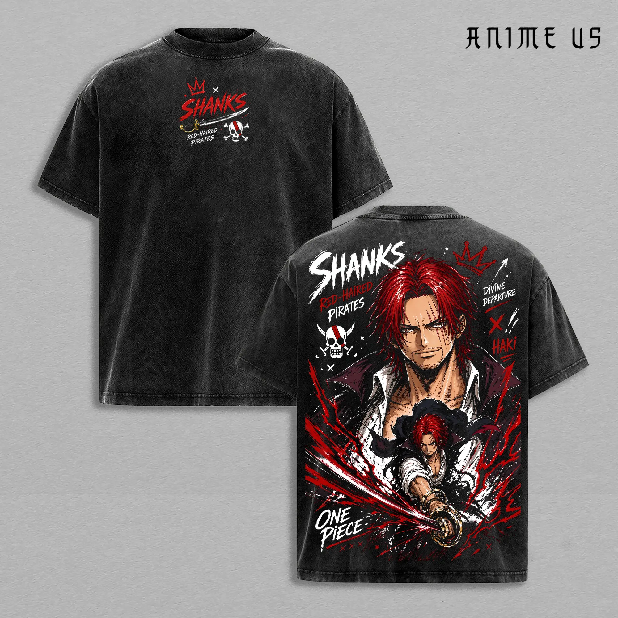 Shanks One Piece Red-Haired Pirates Haki Divine Departure Vintage Washed Oversized Anime Graphic Tee Streetwear Shirt.