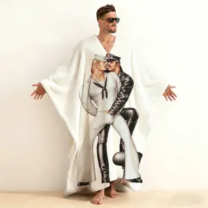 Minimalist Tom of Finland Print V-Neck Kaftan, Subtle Retro Art Long Sleeve Pullover Robe, Men's Closed Front Lounge Wear, Understated Cotton Loungewear