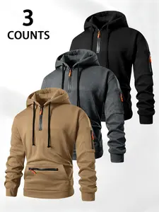 Men's 3-Piece Set Fashion Casual Knit Loose Fit Long Sleeve Hoodie, Half-Zip Drawstring Multi-Pocket, Fall & Winter Clothing