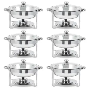 5QT Round Chafing Dish Set (6 Pack&4Pack&2pack) - Stainless Steel Buffet Set with Glass Lids, Fuel Holder & Food Pans - Perfect for Weddings & Parties stainless steel chafers,Banquet Dishware