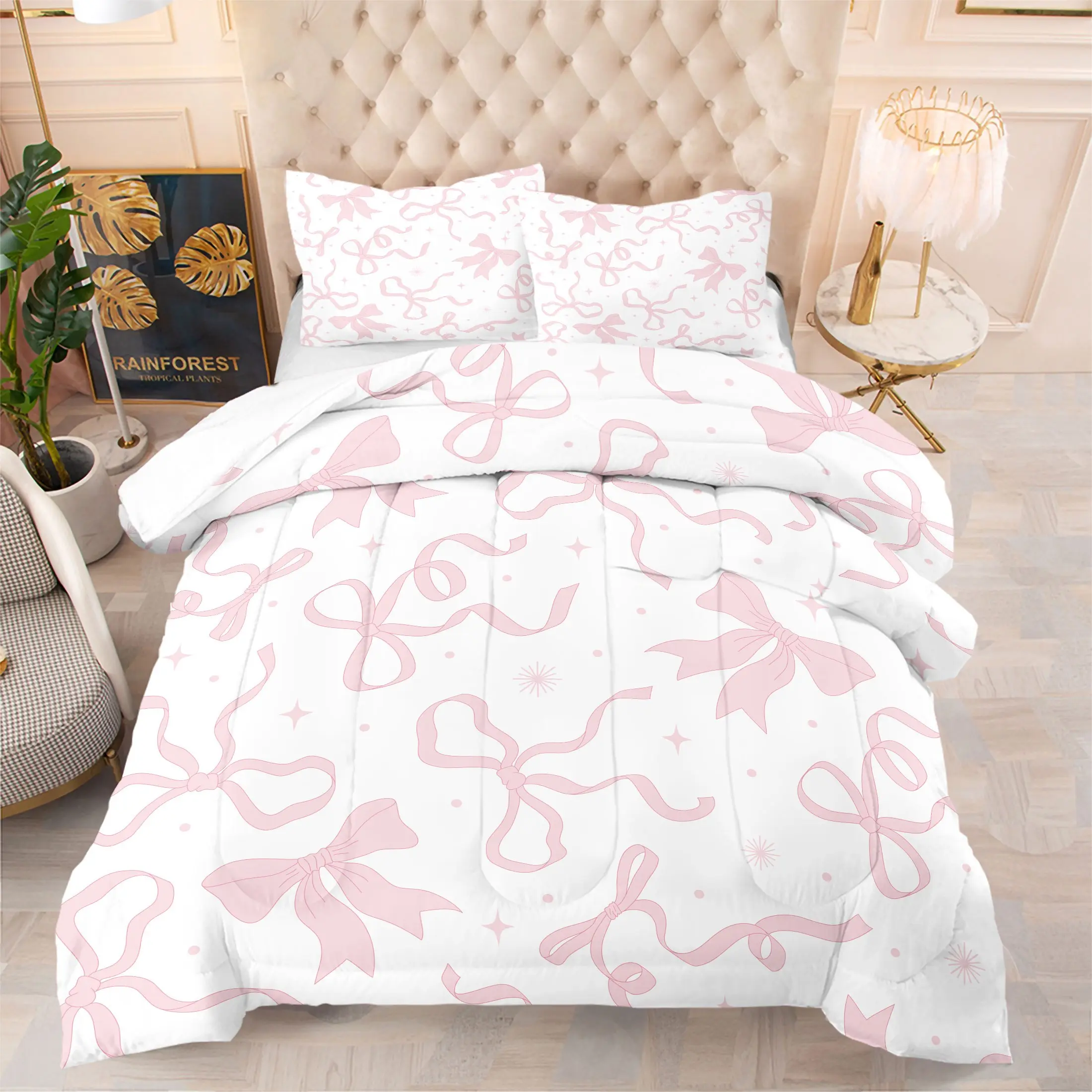Aesthetic Pink Bow Star Comforter Set,Ultra-Soft Girly Bedding Set,Includes 1 Comforter & 1-2 Pillowcases,Dreamy Hand-Painted Print Bedding for Teen Girls & Women’s Bedroom,Dorm & Cottagecore Home Decor,Perfect Gift for Feminine Aesthetic Lovers