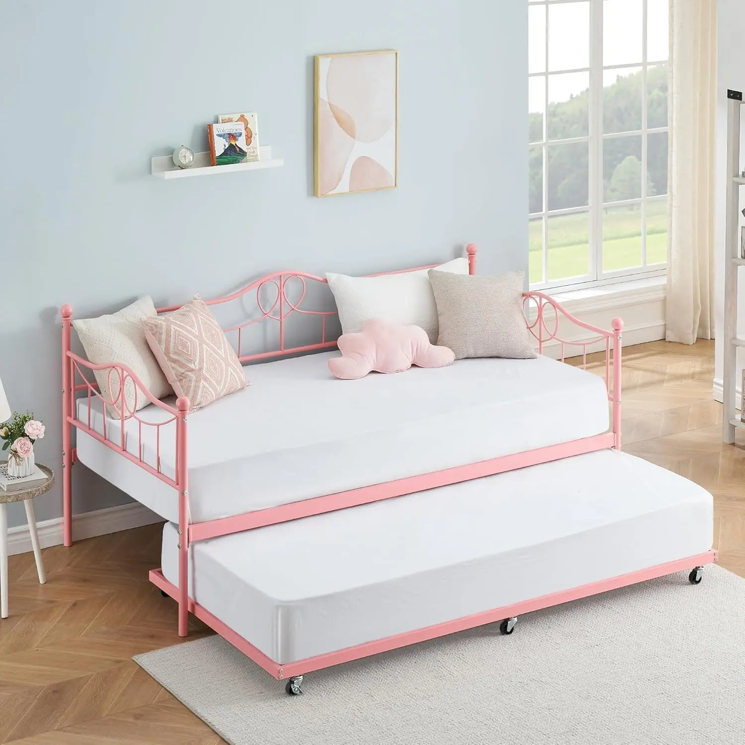 Metal Daybed with Trundle Bed, Twin Size Day Bed with Headboard and Heavy Duty Steel Slats Support, Mattress Foundation Platform Sofa Bed, for Living Room, Bedroom, Easy Assembly, Pink