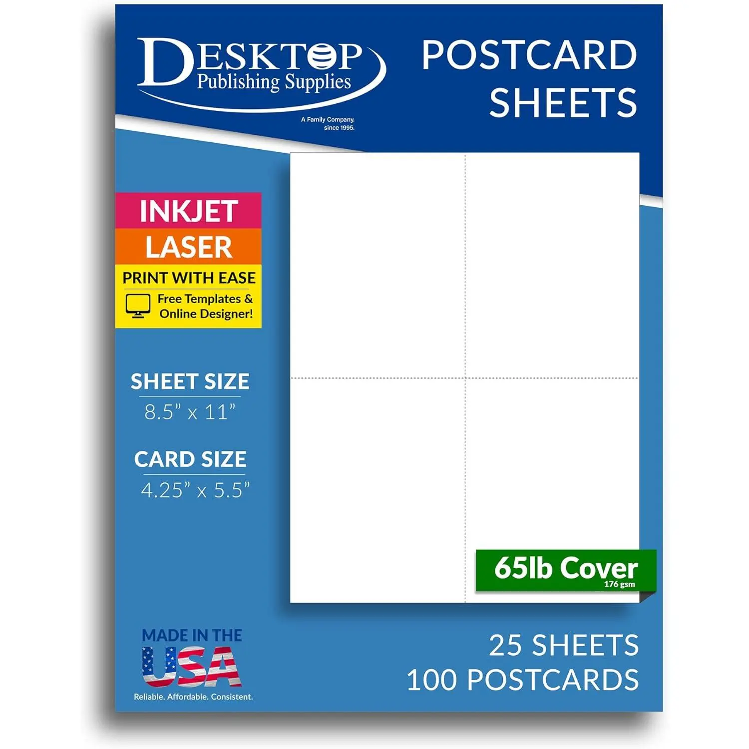 65lb White Printable Postcards Blank Postcard Paper Perforated 4 per Sheet for Inkjet Laser Printers 25 Sheets 100 Postcards