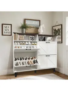 White Shoe Storage Cabinet  Farmhouse Shoe Organizer with 4 Flip Drawers and Open Storage  Freestanding Narrow Shoe Rack Cabinet for Entryway  Hallway  Living Room  White Wood Adjustable Decor Set