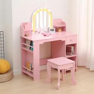 Kids Vanity with Lighted Mirror - 2 in 1 Little Girls Vanity Table and Stool - Kids Makeup with Bookshelf/Drawer and Open Shelves for 3-9 Yrs Girls - Pink