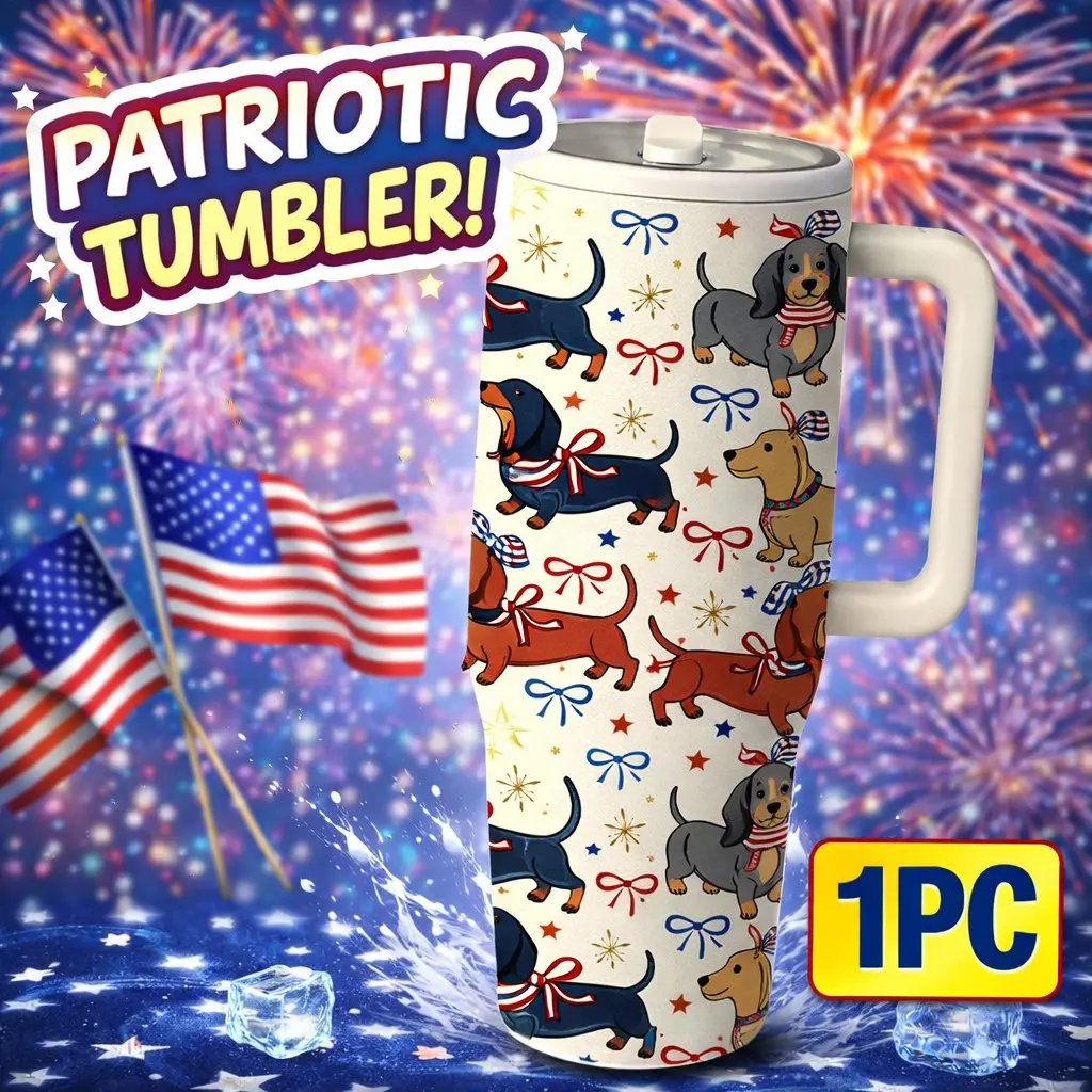 1pc 40oz Cute Dachshund Tumbler, Patriotic Dog Print Insulated Flask Portable Travel Mug with Handle, Stainless Steel Thermos Vacuum Cup for Coffee, Water and Iced Drinks, USA Style Summer Drinkware Gift for Women, Men, Dog Moms and Dog Lovers