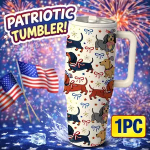 1pc 40oz Cute Dachshund Tumbler, Patriotic Dog Print Insulated Travel Mug with Handle, Stainless Steel Vacuum Cup for Coffee, Water and Iced Drinks, USA Style Summer Drinkware Gift for Women, Men, Dog Moms and Dog Lovers