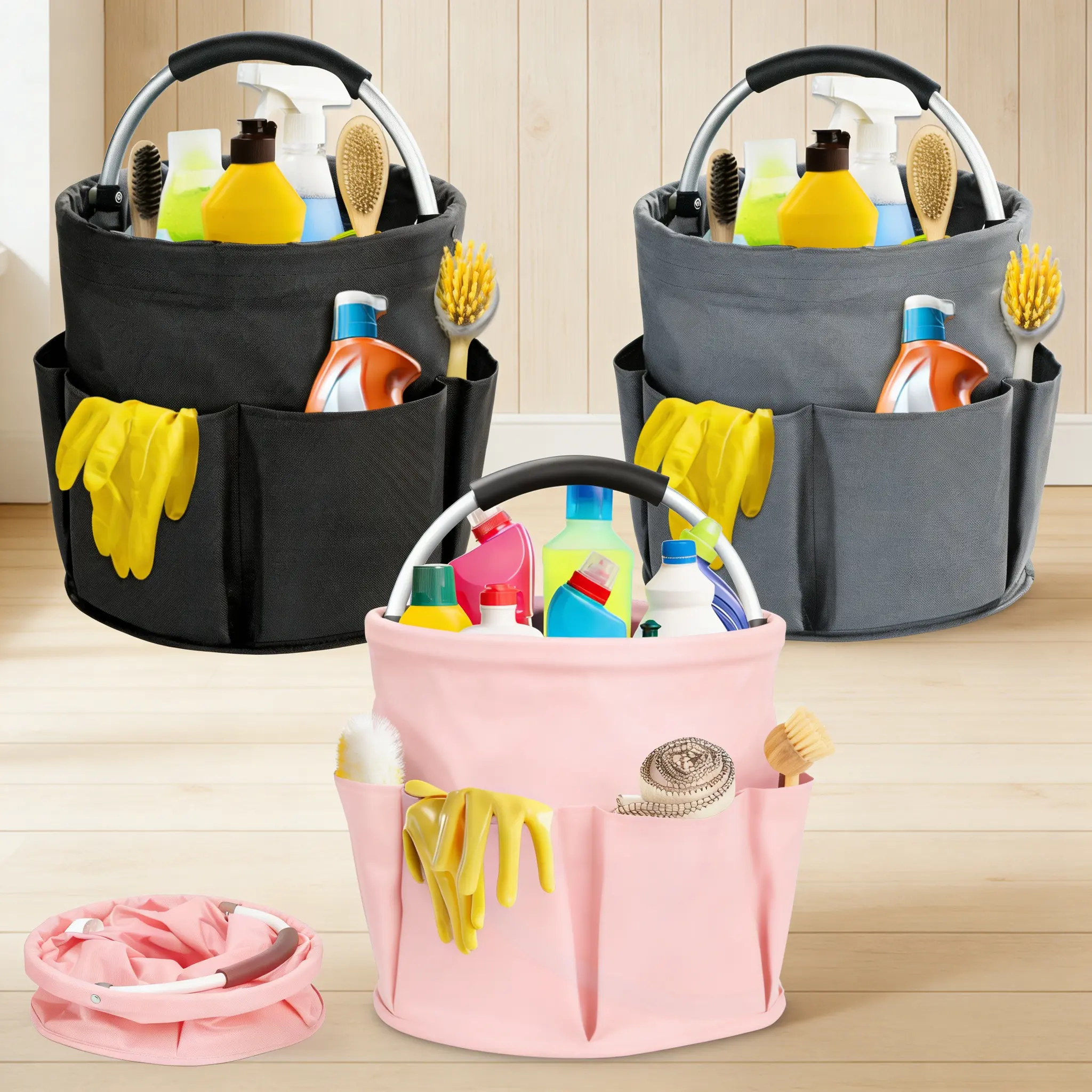 Portable Foldable Fabric Cleaning Supplies Organizer Tote Bag - Multi Pocket Pouch, Storage Bag Set with Pockets, Reinforced Metal Handle Feels Secure, Durable, Lightweight, Space-Saving for Home, Car Detailing