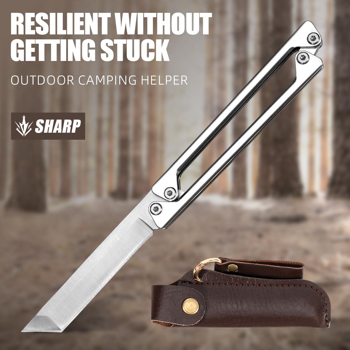 Portable Folding Utility Knife with Leather Sheath, EDC Outdoor Cutting Tool for Camping