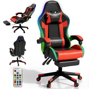 【New Arrival】Mr IRONSTONE Gaming Chair, RGB LED Lights Computer Chair with Footrest, Lumbar Support Gamer Chair, High Back, 90-135° Reclining, Linkage Armrests, Red