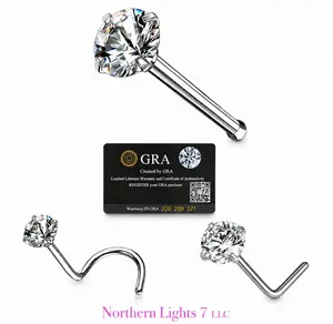 Moissanite Stone Titanium Nose Stud Piercing 18 Gauge L shape, Bol At the End screw back  Moissanite Stone Passes Diamond Test Body Jewelry Nose Studs