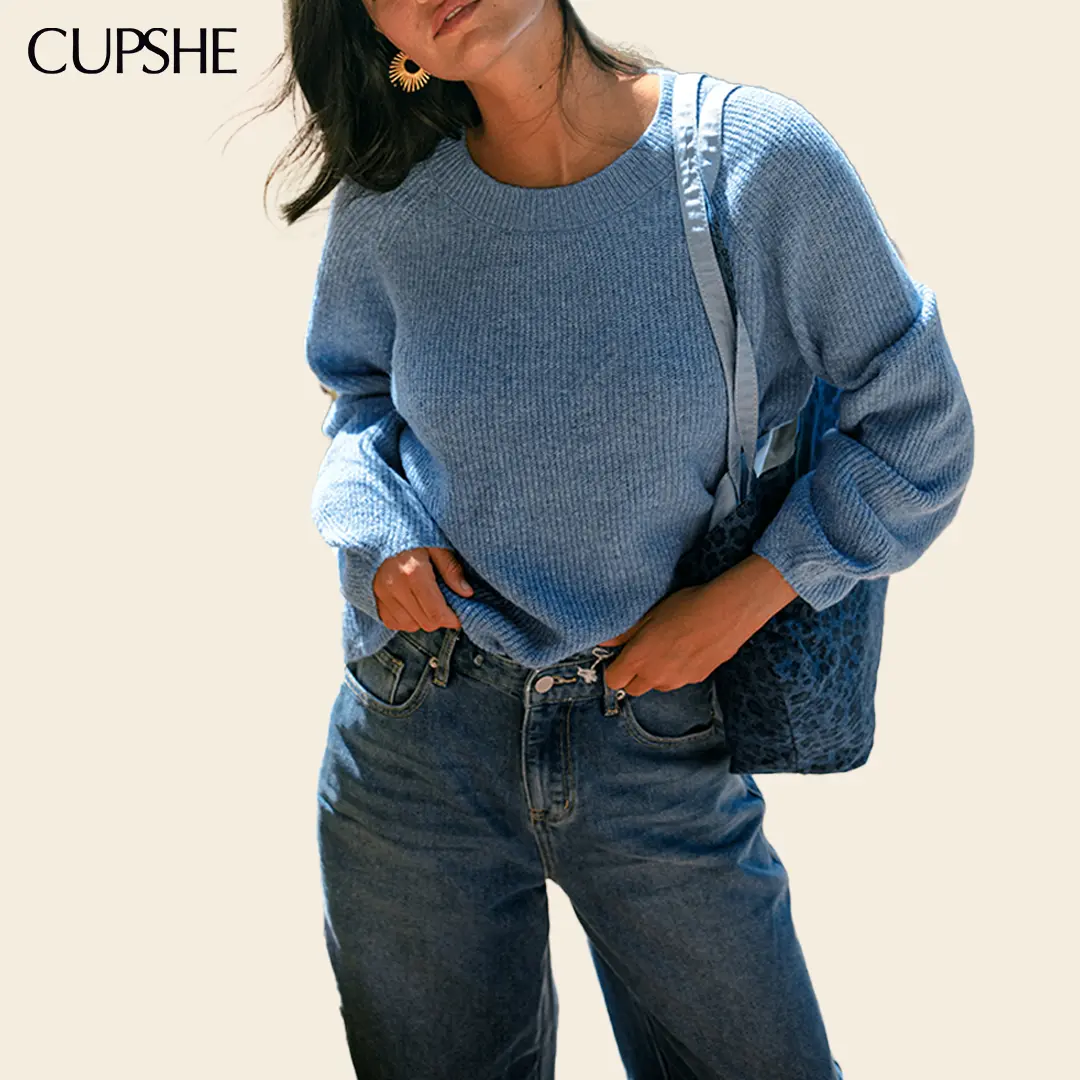 CUPSHE Dusty Blue Crew Neck Balloon Sleeve Sweater for Women Knitwear, Soft Ribbed Knit Womenswear, Relaxed Fit, Raglan Shoulder, Cozy Daily Wear, Fall 2026#tiktokshopbacktoschool