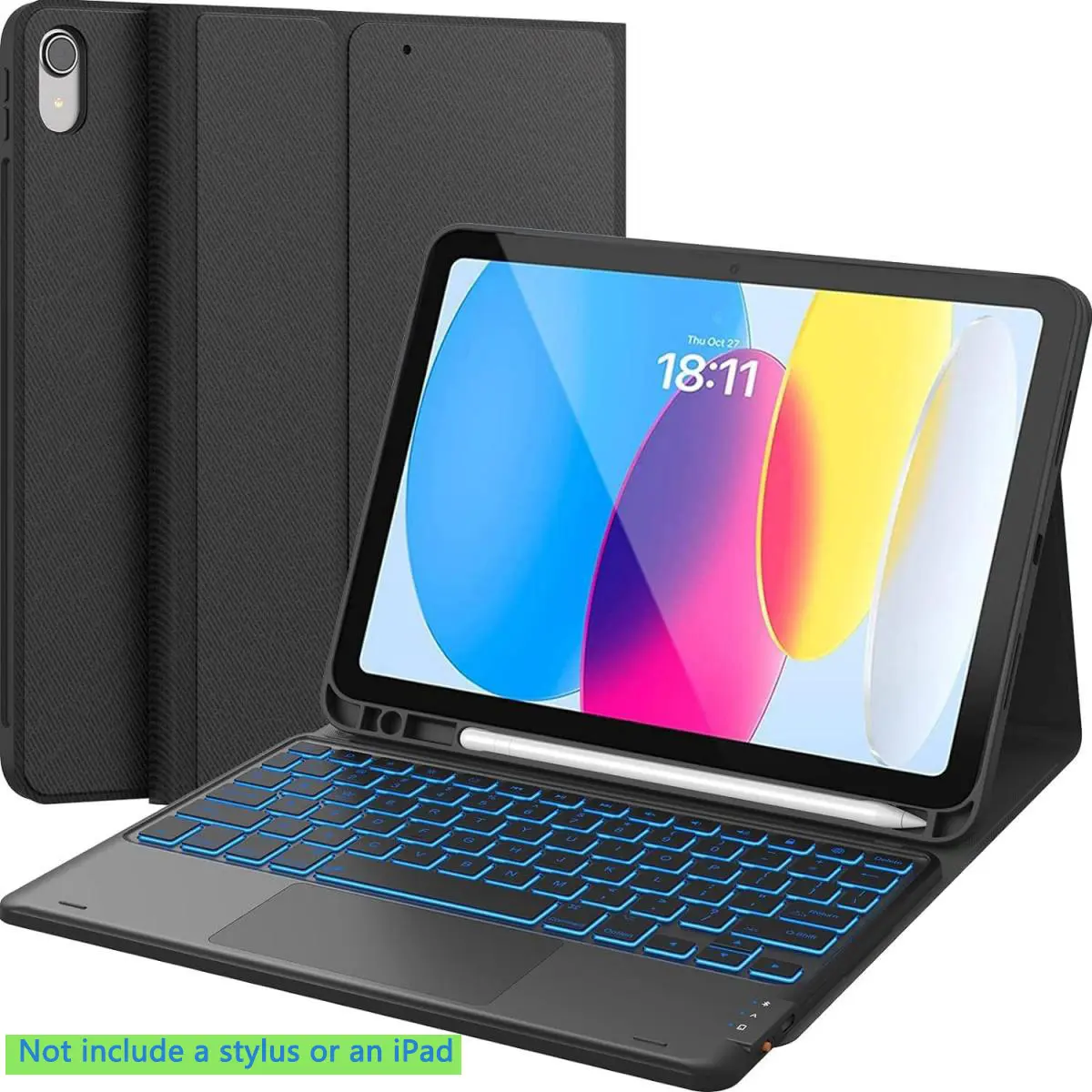Magnetically Detachable Tablet Keyboard Case with Accessories for iPad 10th Gen (2022)/11th Gen (2025) (A16), 7-Color Backlight, Multi-Touch Trackpad, Flip Stand, Pencil Holder, 2 Wireless Channels, Battery-Powered, Fits iOS, Black