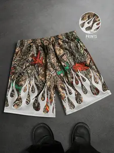 Men's hunting camouflage and flame printed casual shorts, forest leaf pattern silk screen printed clothing, loose fit, elastic drawstring waist, ideal choice for street style, outdoor activities, and daily wear, camouflage and fashion enthusiasts