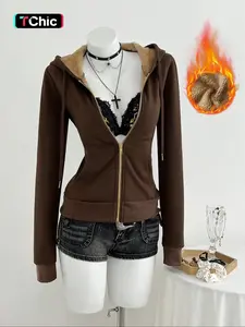 Women's fashion hoodie with deep brown and velvet hooded zipper sweatshirt, sweet and cool fitted zipper jacket, Tops
