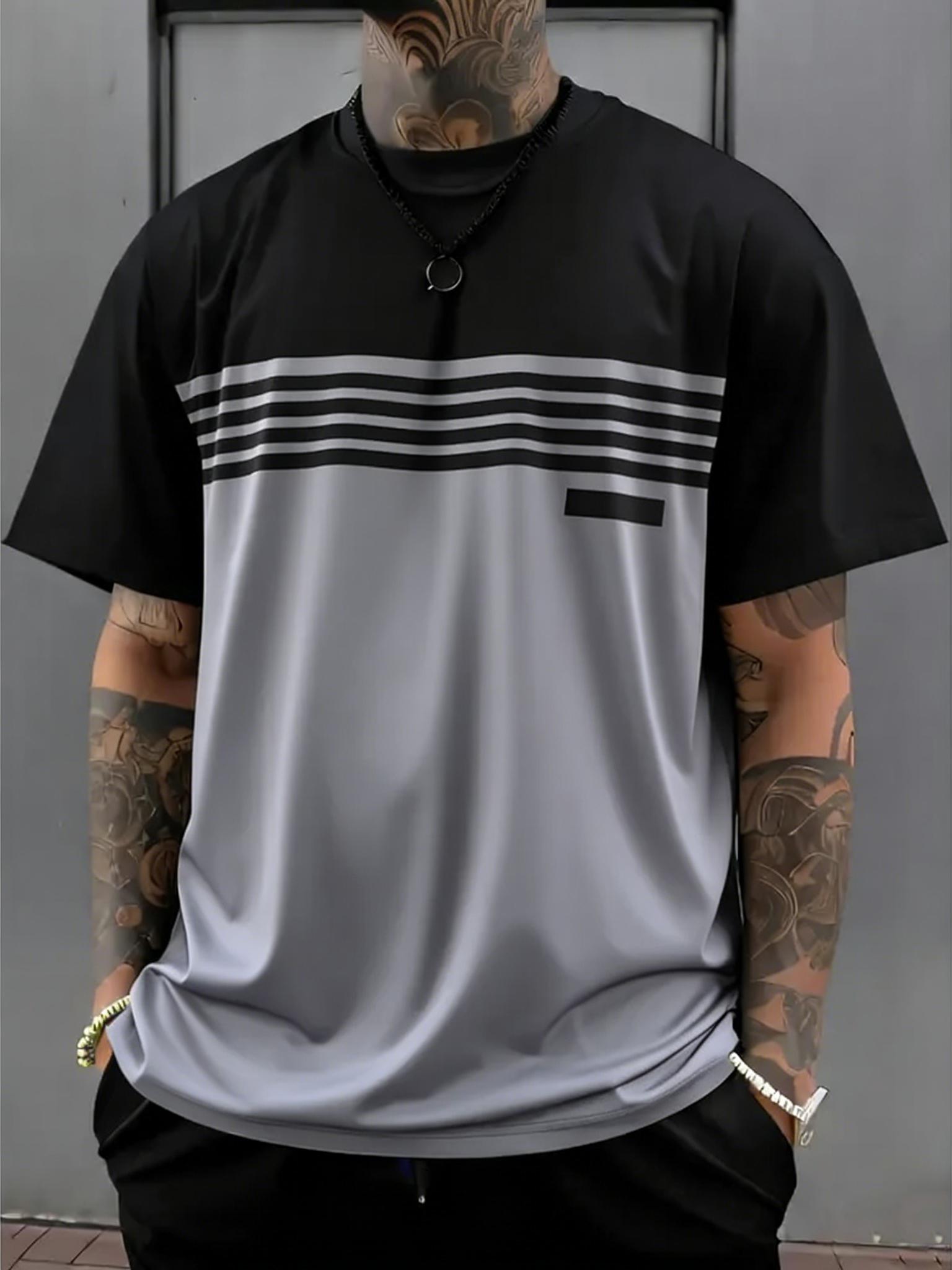 Men’s slim-fit quick-dry sports T-shirt; lightweight color-block striped casual fitness short-sleeve T-shirt—thin, breathable, and comfortable. Suitable for summer outdoor leisure activewear styling. This short-sleeve T-shirt is ideal for parties and dini