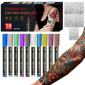 10PCS Temporary Tattoo Markers  for Skin Body Markers 10 Colors Tattoo Pens 5 Stencils Waterproof Sweatproof Long-lasting Face Paint Kit Cosmetic Quality Easy To Remove Perfect for Parties Festive Gifts Halloween Makeup Christmas Gifts