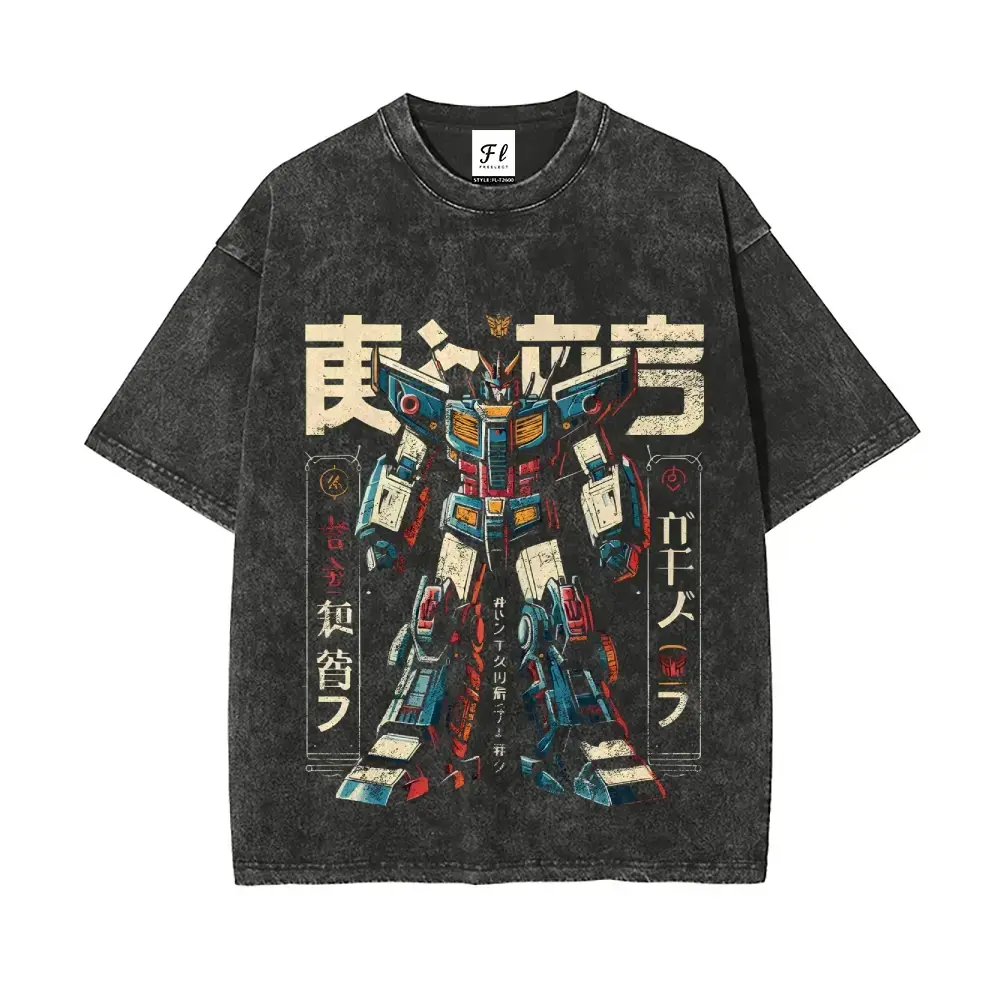 Vintage Wash Japanese Mecha Graphic Tee Heavyweight Oversized Retro Giant Robot T-Shirt Nostalgic Sci-Fi Anime Streetwear Top