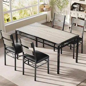 Dining Table Set for 4 with Corner Protector, Kitchen Table with 4 Upholstered Chairs, for Small Space, Dining Room, Apartment，Retro Gray