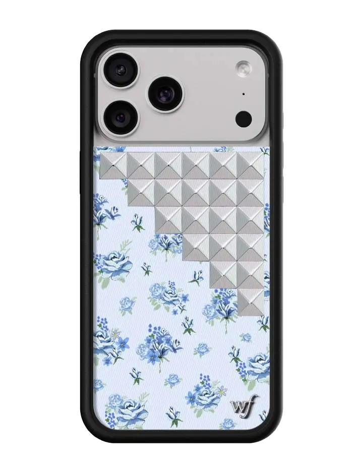 Pink Forget Me Not | Limited Edition Trendy iPhone Case | Raised Protective Black Bumper | Women Owned Small Business | Baby Blue Background Navy Bouqet Floral Silver Studs | Safety Casing Protective | Gift for Her
