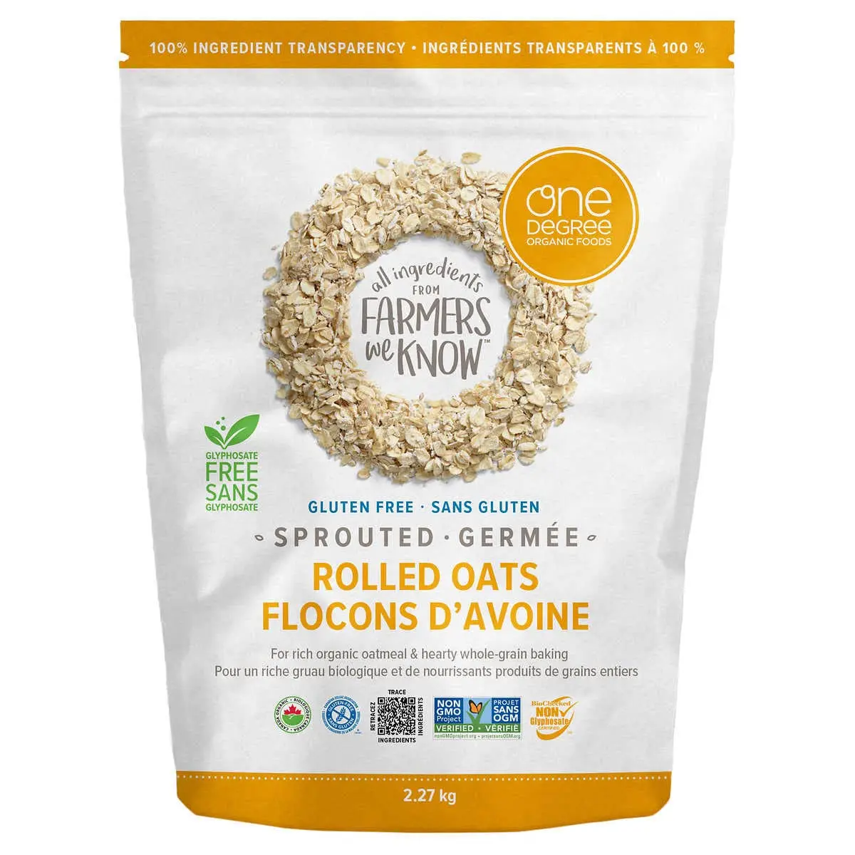 One Degree Organic Foods Sprouted Rolled Oats Gluten Free 2.27kg Imported from Canada 80 Ounces Non-GMO Project Verified US Origin