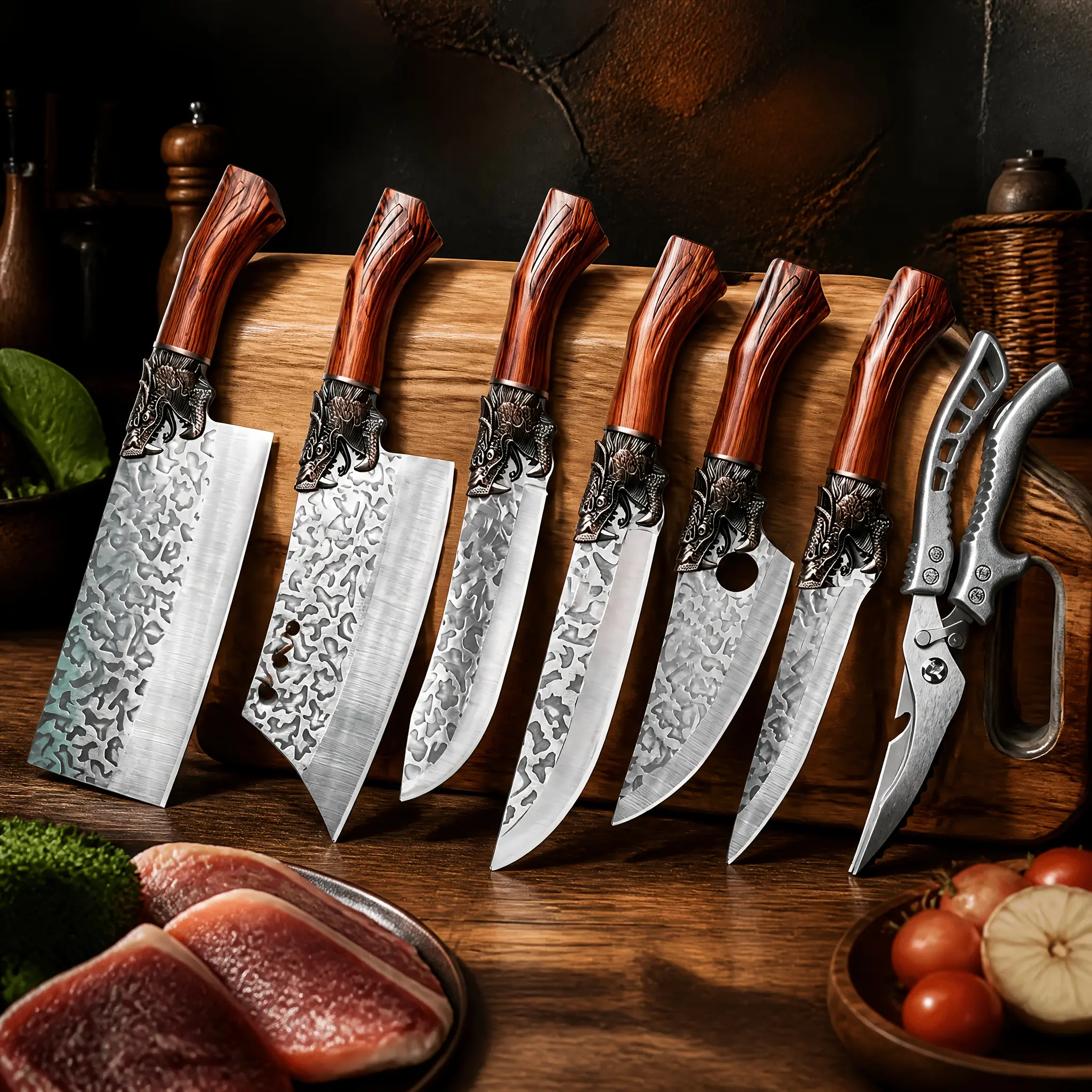 7-piece set | Thickened stainless steel chef knife | Premium forged | Kitchen knife set | Hammered Damascus style blade | Suitable for kitchen cooking | Includes chef; scissors; slicing knife; butcher knife