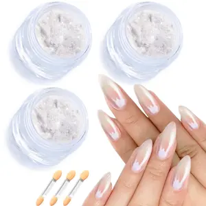 3Pcs Moonlight White Pearl Chrome Nail Powder Set, 3D Mirror Effect White Nail Glitter, Holographic White Nail Pigment for French Tip, Bridal Wedding Nails, DIY Manicure Decoration